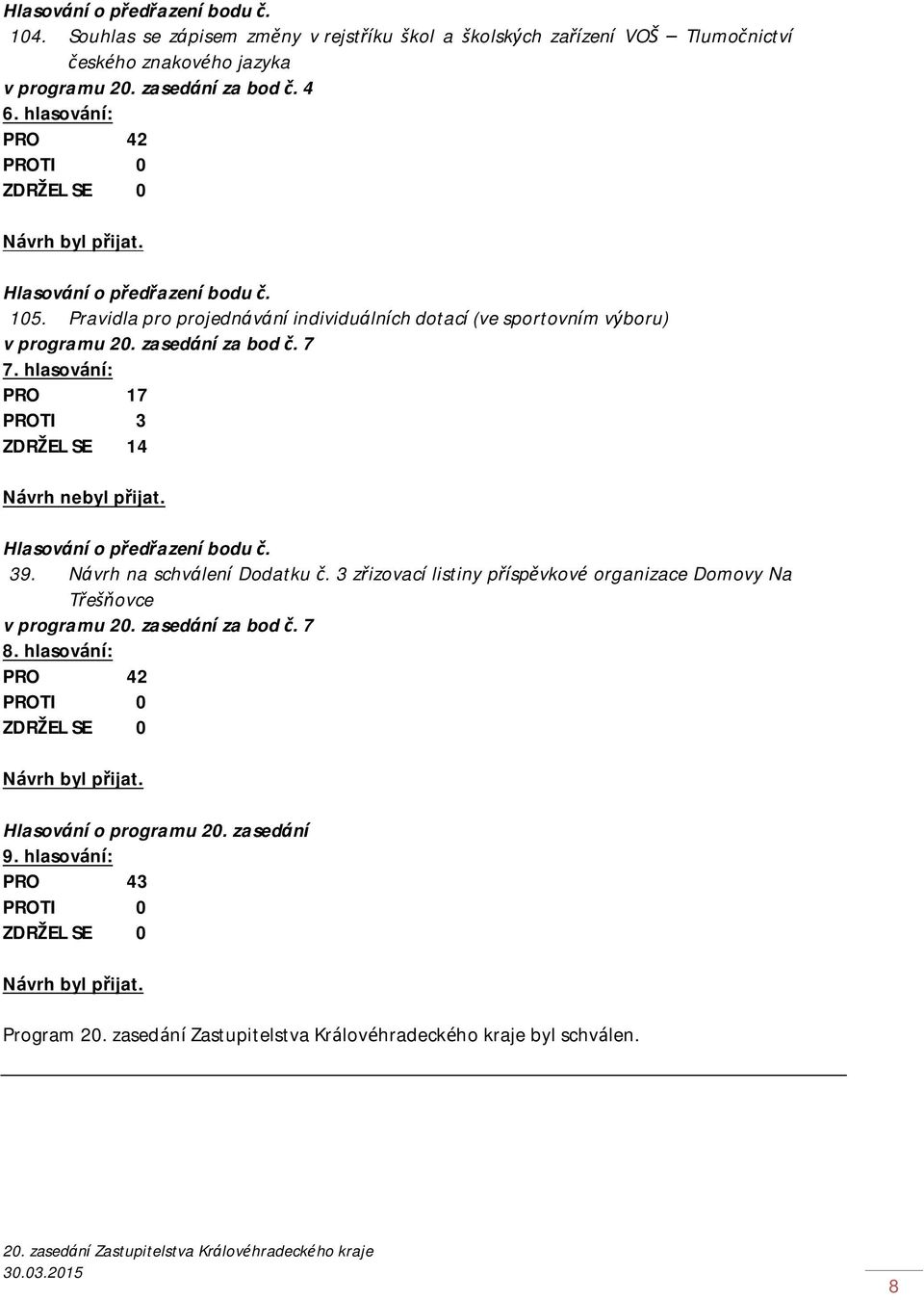 zasedání za bod č. 7 7. hlasování: PRO 17 PROTI 3 ZDRŽEL SE 14 Návrh nebyl přijat. Hlasování o předřazení bodu č. 39. Návrh na schválení Dodatku č.