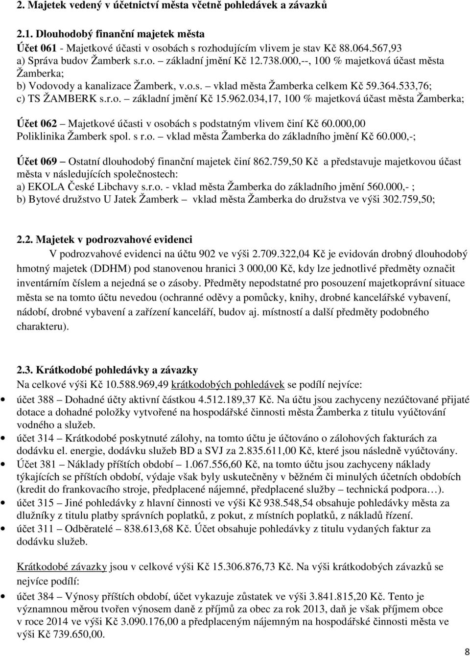 533,76; c) TS ŽAMBERK s.r.o. základní jmění Kč 15.962.034,17, 100 % majetková účast města Žamberka; Účet 062 Majetkové účasti v osobách s podstatným vlivem činí Kč 60.000,00 Poliklinika Žamberk spol.