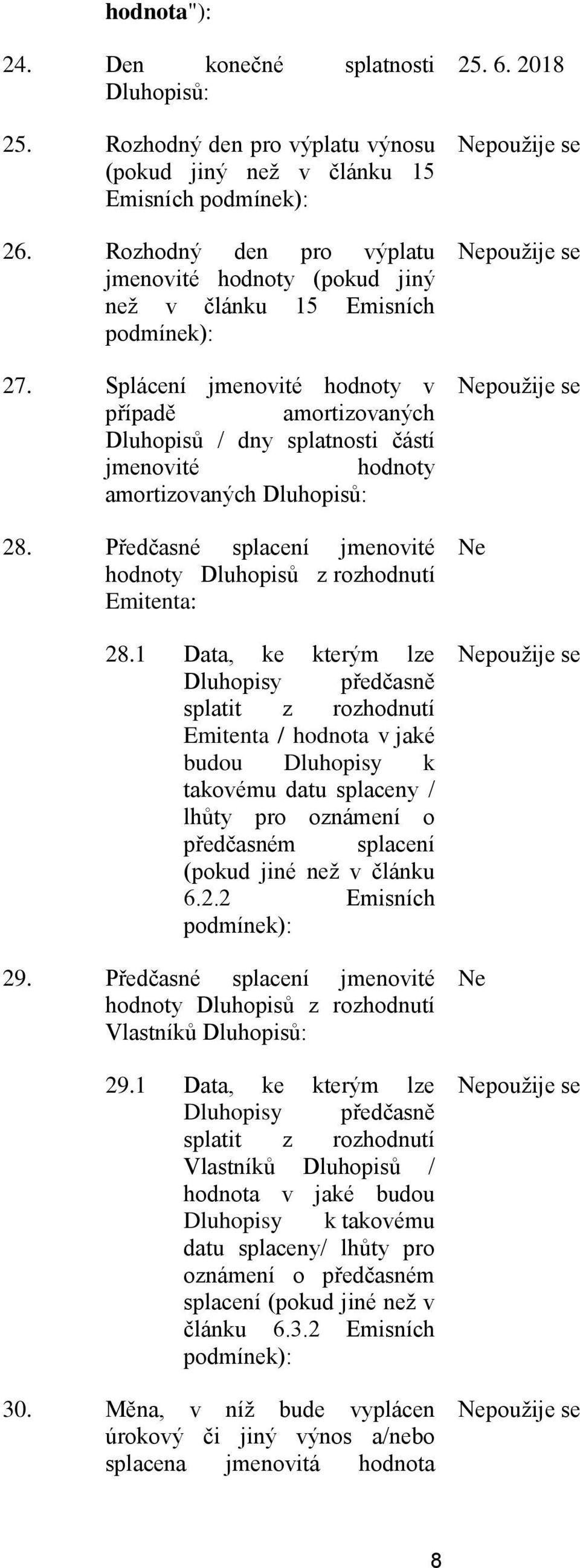 Splácení jmenovité hodnoty v případě amortizovaných Dluhopisů / dny splatnosti částí jmenovité hodnoty amortizovaných Dluhopisů: 28.