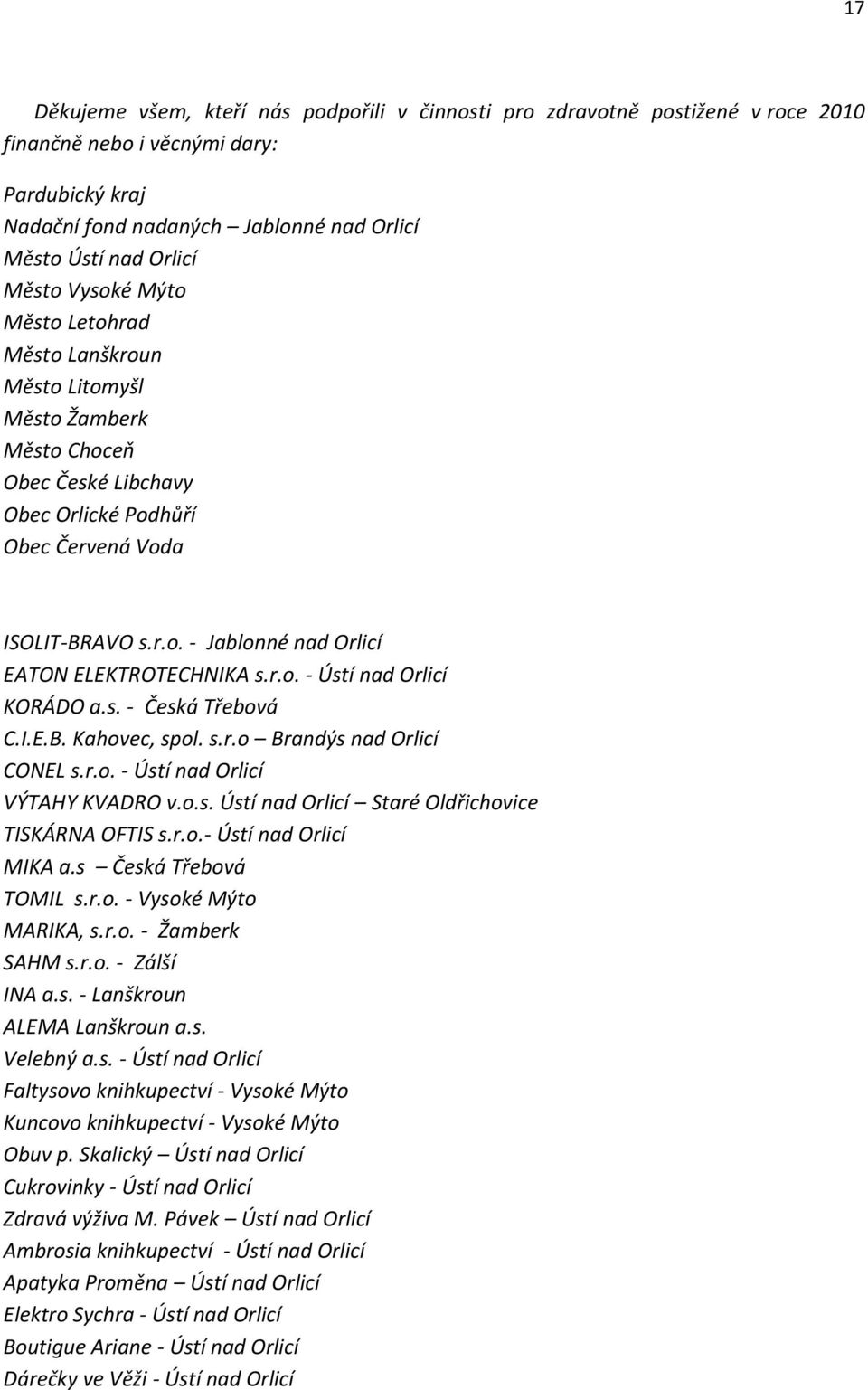 r.o. - Ústí nad Orlicí KORÁDO a.s. - Česká Třebová C.I.E.B. Kahovec, spol. s.r.o Brandýs nad Orlicí CONEL s.r.o. - Ústí nad Orlicí VÝTAHY KVADRO v.o.s. Ústí nad Orlicí Staré Oldřichovice TISKÁRNA OFTIS s.