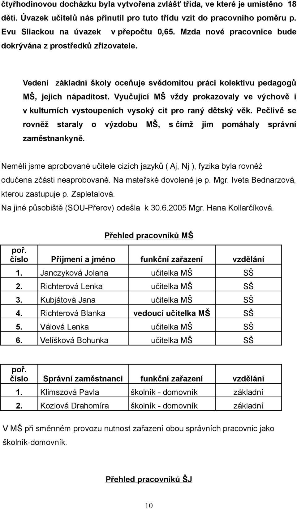 Vyučující MŠ vždy prokazovaly ve výchově i v kulturních vystoupeních vysoký cit pro raný dětský věk. Pečlivě se rovněž staraly o výzdobu MŠ, s čímž jim pomáhaly správní zaměstnankyně.