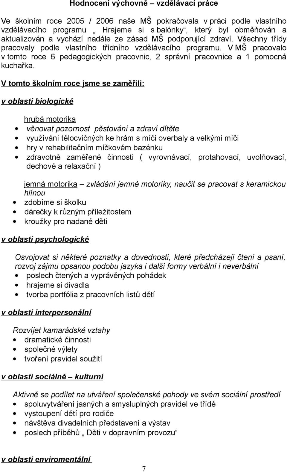 V MŠ pracovalo v tomto roce 6 pedagogických pracovnic, 2 správní pracovnice a 1 pomocná kuchařka.