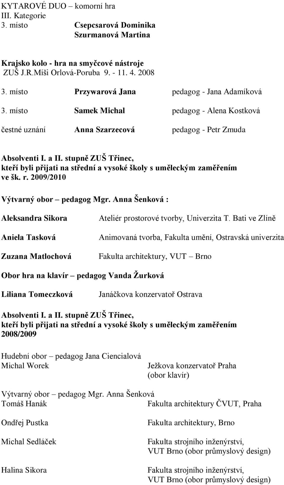 stupně ZUŠ Třinec, kteří byli přijati na střední a vysoké školy s uměleckým zaměřením ve šk. r. 2009/2010 Výtvarný obor pedagog Mgr.