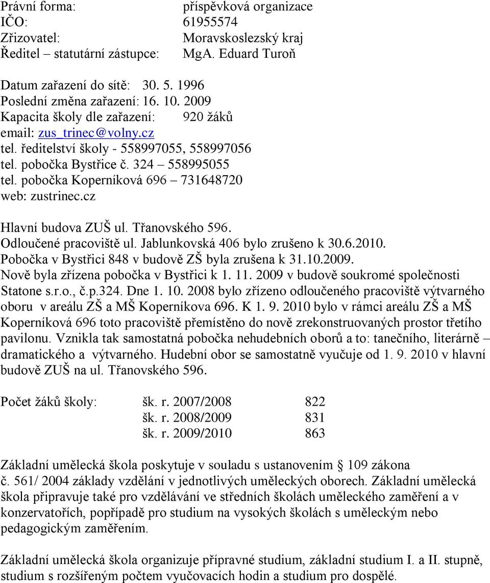 pobočka Koperníková 696 731648720 web: zustrinec.cz Hlavní budova ZUŠ ul. Třanovského 596. Odloučené pracoviště ul. Jablunkovská 406 bylo zrušeno k 30.6.2010.