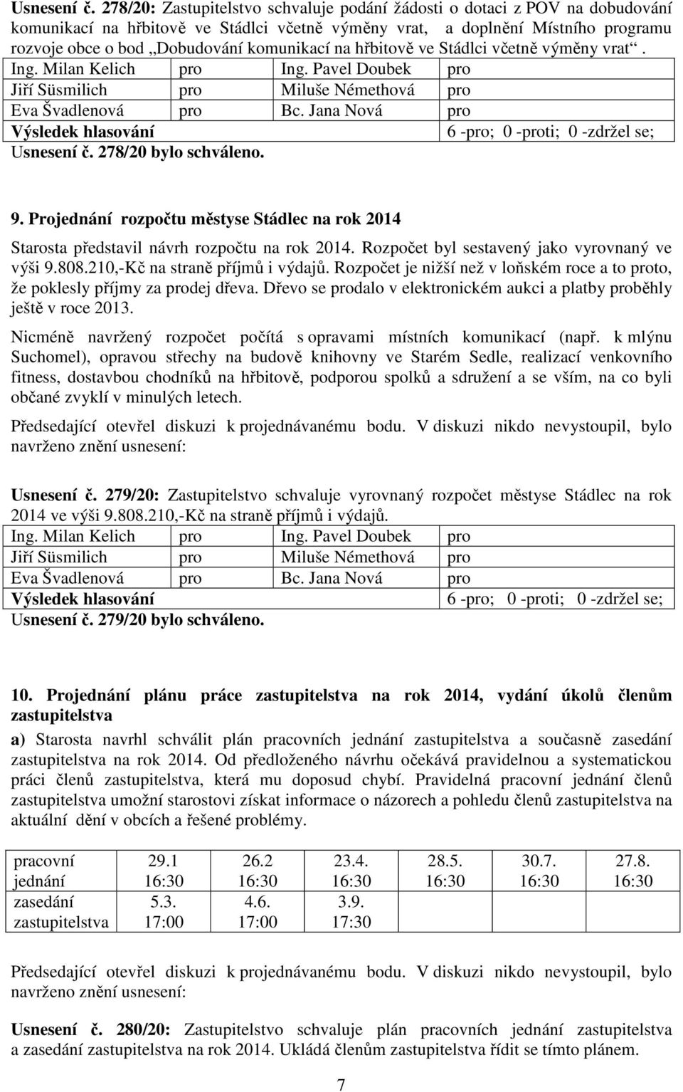 komunikací na hřbitově ve Stádlci včetně výměny vrat.  278/20 bylo schváleno. 9. Projednání rozpočtu městyse Stádlec na rok 2014 Starosta představil návrh rozpočtu na rok 2014.