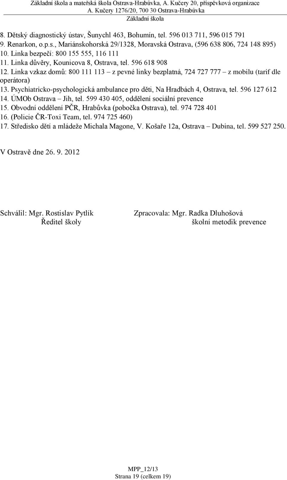 Psychiatricko-psychologická ambulance pro děti, Na Hradbách 4, Ostrava, tel. 596 127 612 14. ÚMOb Ostrava Jih, tel. 599 430 405, oddělení sociální prevence 15.