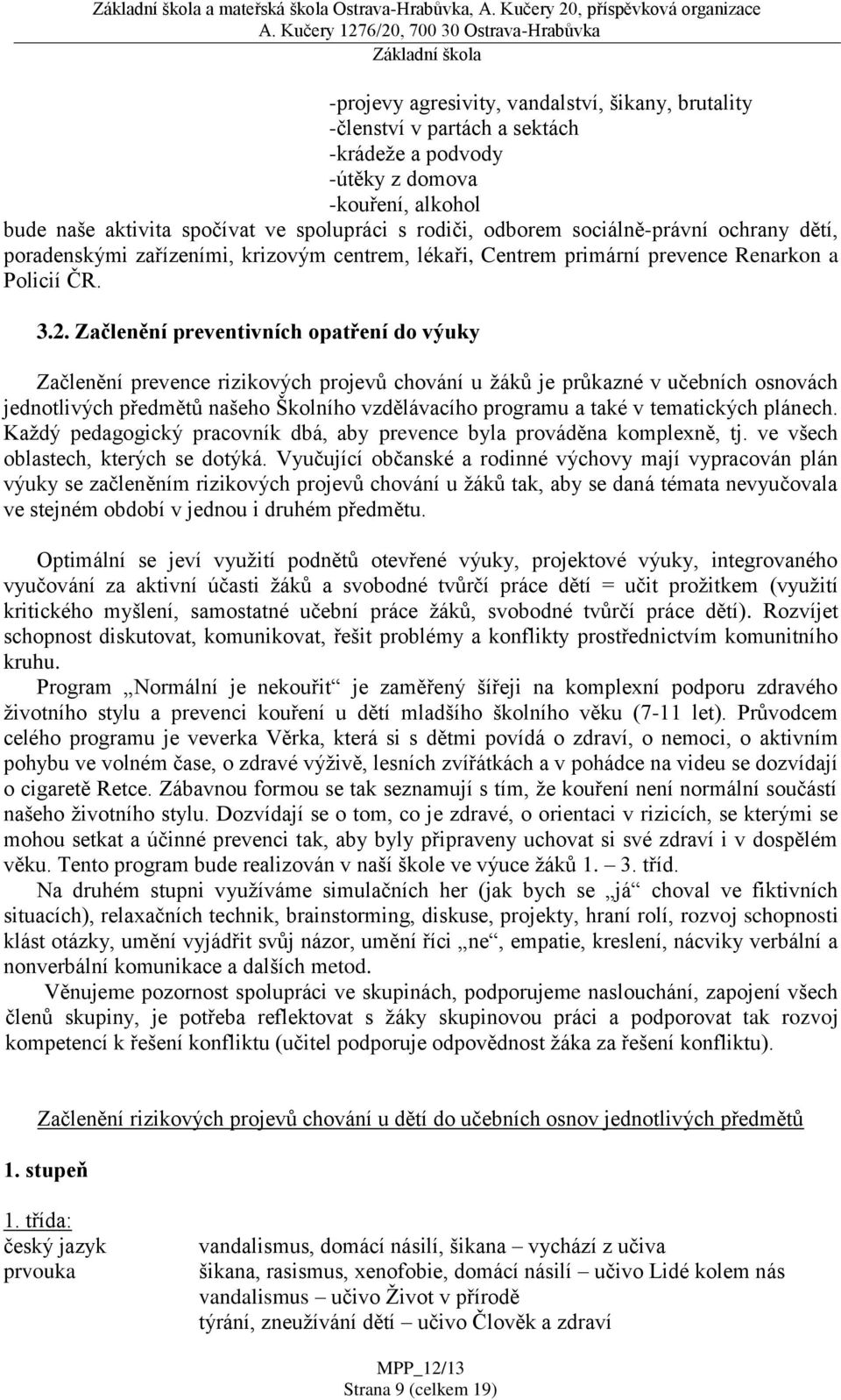 spolupráci s rodiči, odborem sociálně-právní ochrany dětí, poradenskými zařízeními, krizovým centrem, lékaři, Centrem primární prevence Renarkon a Policií ČR. 3.2.