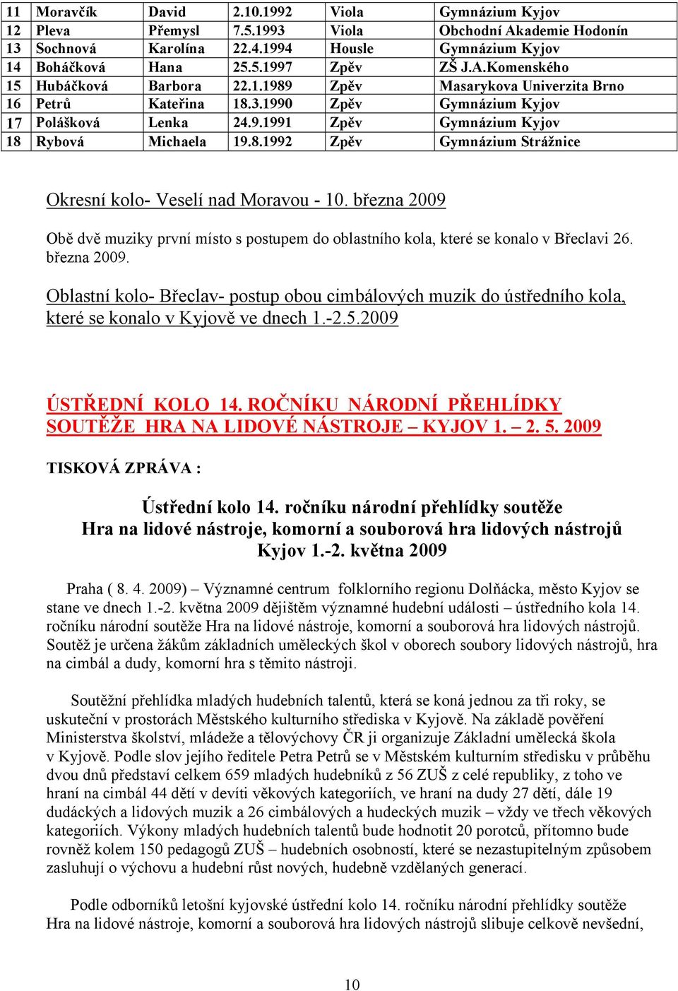 března 2009 Obě dvě muziky první místo s postupem do oblastního kola, které se konalo v Břeclavi 26. března 2009.