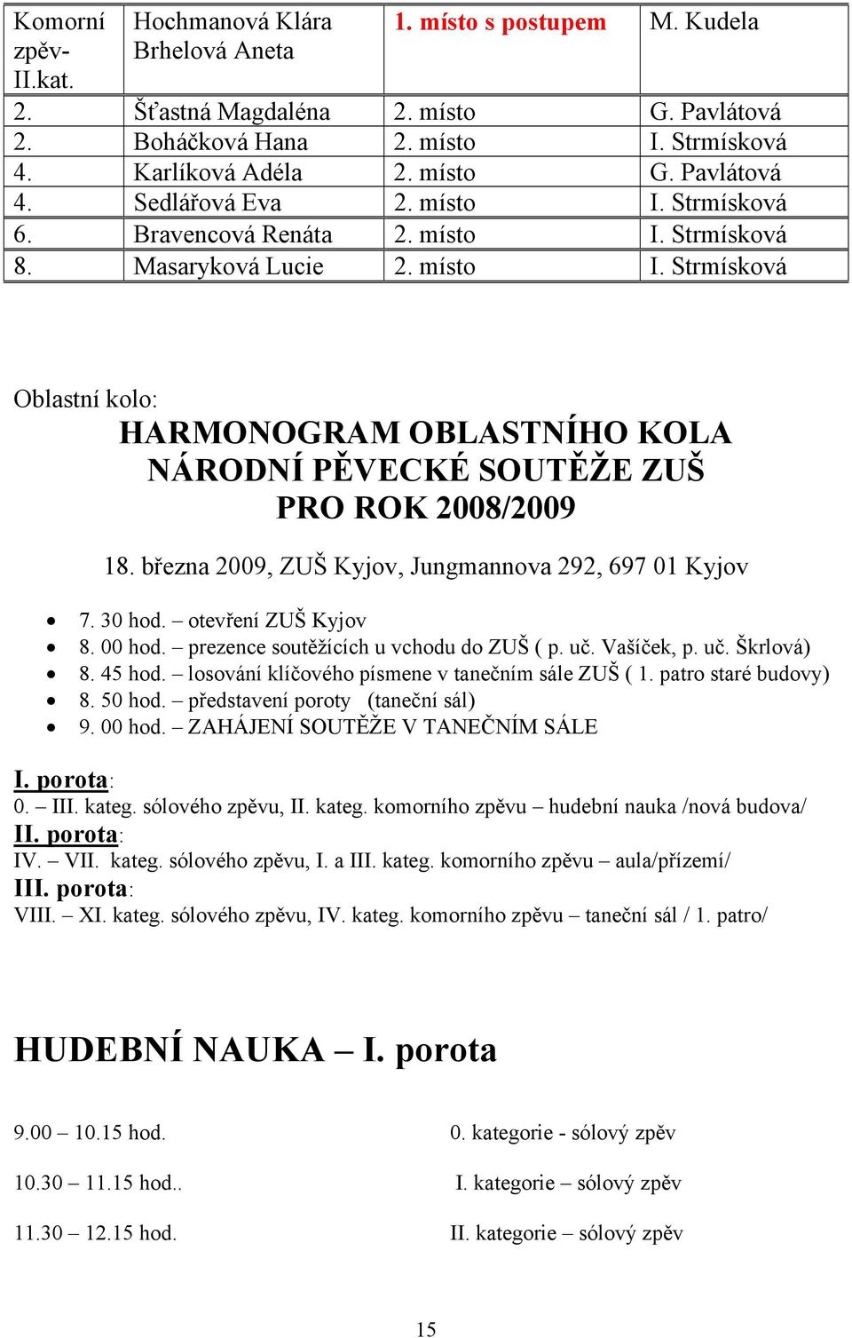 března 2009, ZUŠ Kyjov, Jungmannova 292, 697 01 Kyjov 7. 30 hod. otevření ZUŠ Kyjov 8. 00 hod. prezence soutěžících u vchodu do ZUŠ ( p. uč. Vašíček, p. uč. Škrlová) 8. 45 hod.