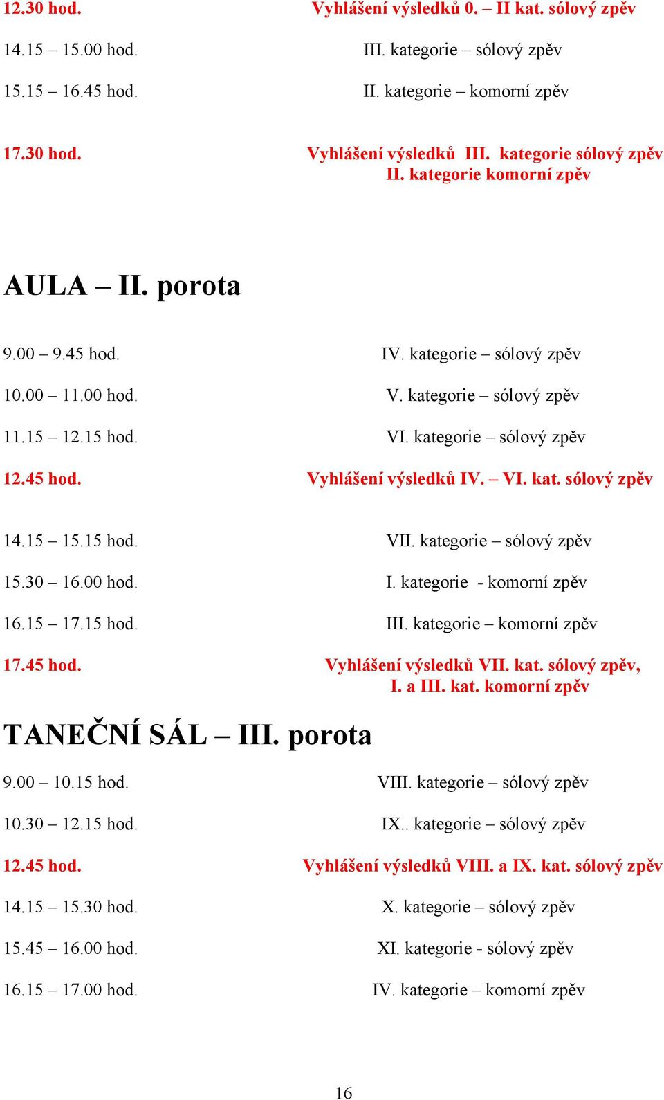 45 hod. Vyhlášení výsledků IV. VI. kat. sólový zpěv 14.15 15.15 hod. VII. kategorie sólový zpěv 15.30 16.00 hod. I. kategorie - komorní zpěv 16.15 17.15 hod. III. kategorie komorní zpěv 17.45 hod. Vyhlášení výsledků VII.