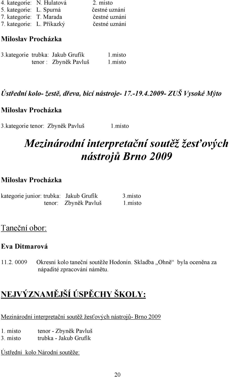 místo Mezinárodní interpretační soutěž žesťových nástrojů Brno 2009 Miloslav Procházka kategorie junior: trubka: Jakub Grufík tenor: Zbyněk Pavluš 3.místo 1.místo Taneční obor: Eva Ditmarová 11.2. 0009 Okresní kolo taneční soutěže Hodonín.