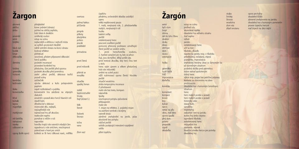 derniéra poslední inscenace/ provedení konkrétní hry forbína předscéna, část jeviště před oponou generálka poslední zkouška před premiérou horizont zadní stěna jeviště, dekorace tvořící pozadí scény