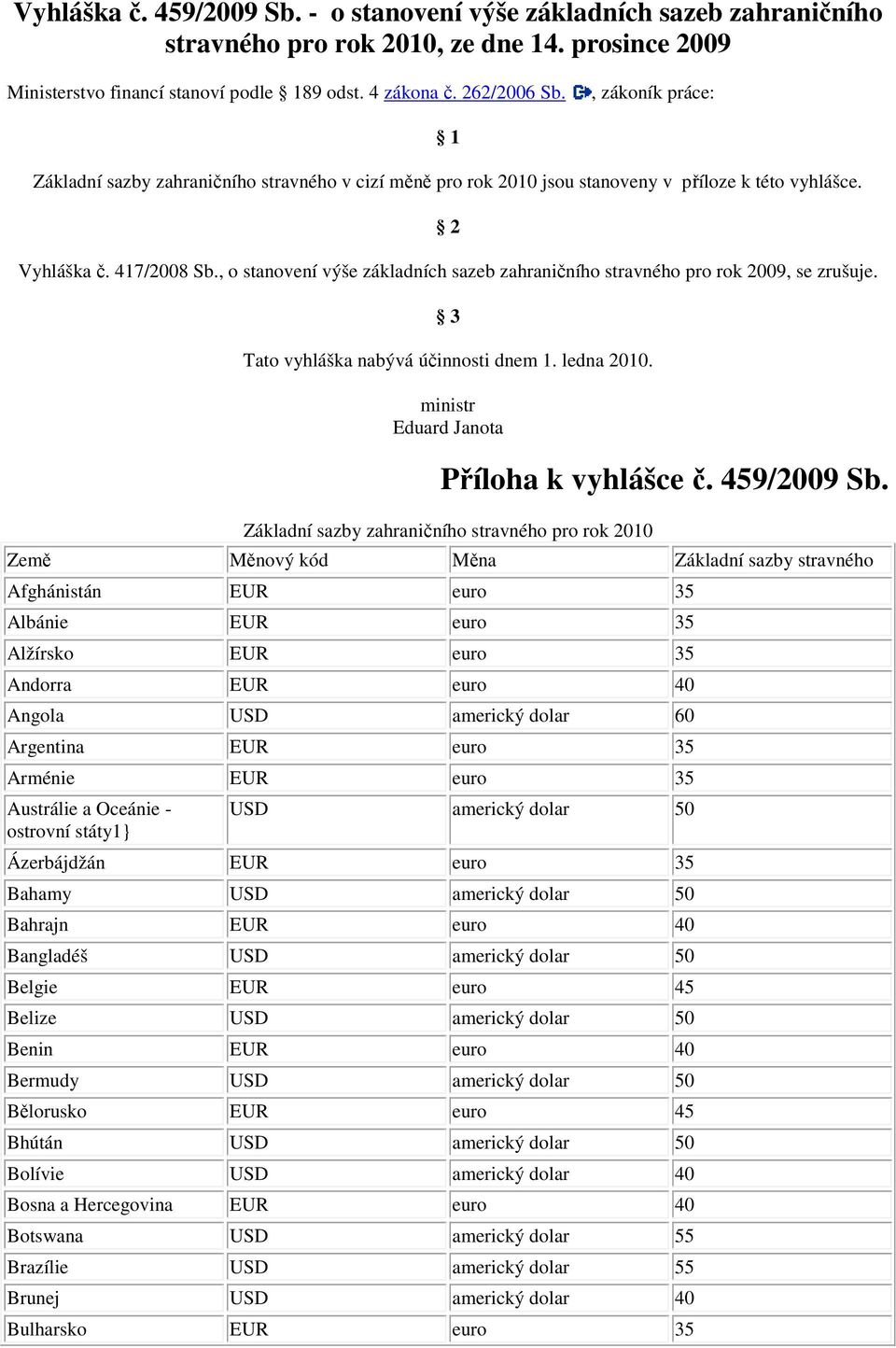 , o stanovení výše základních sazeb zahraničního stravného pro rok 2009, se zrušuje. 3 Tato vyhláška nabývá účinnosti dnem 1. ledna 2010. ministr Eduard Janota Příloha k vyhlášce č. 459/2009 Sb.