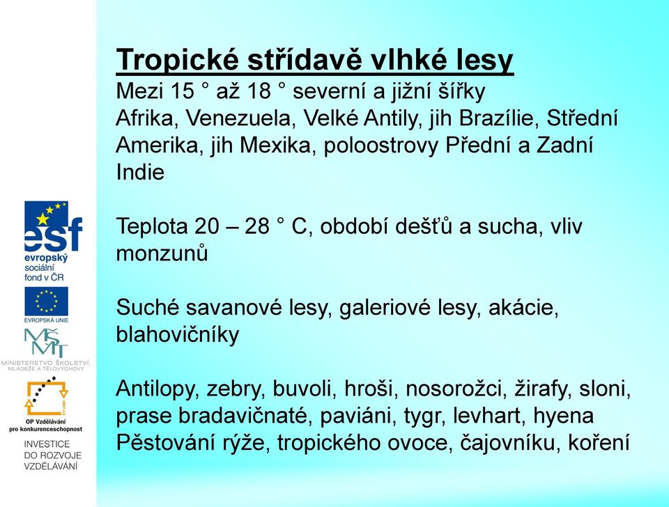 vliv monzunů Suché savanové lesy, galeriové lesy, akácie, blahovičníky Antilopy, zebry, buvoli, hroši,