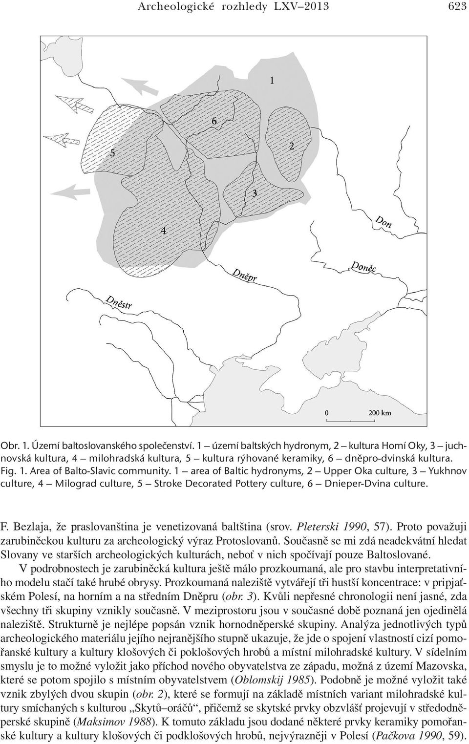 1 area of Baltic hydronyms, 2 Upper Oka culture, 3 Yukhnov culture, 4 Milograd culture, 5 Stroke Decorated Pottery culture, 6 Dnieper-Dvina culture. F.
