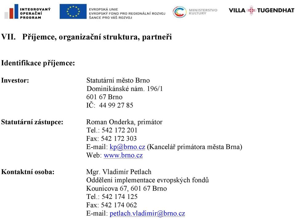 : 542 172 201 Fax: 542 172 303 E-mail: kp@brno.cz (Kancelář primátora města Brna) Web: www.brno.cz Mgr.