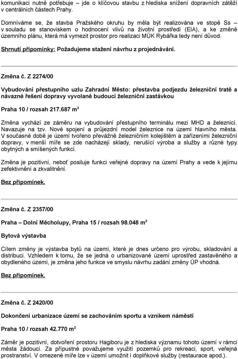 pro realizaci MÚK Rybářka tedy není důvod. Shrnutí připomínky: Požadujeme stažení návrhu z projednávání. Změna č.