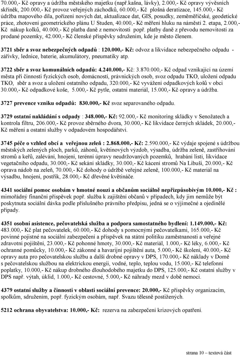 etapa, 2.000,- Kč nákup kolků, 40.000,- Kč platba daně z nemovitosti popř. platby daně z převodu nemovitostí za prodané pozemky, 42.000,- Kč členské příspěvky sdružením, kde je město členem.