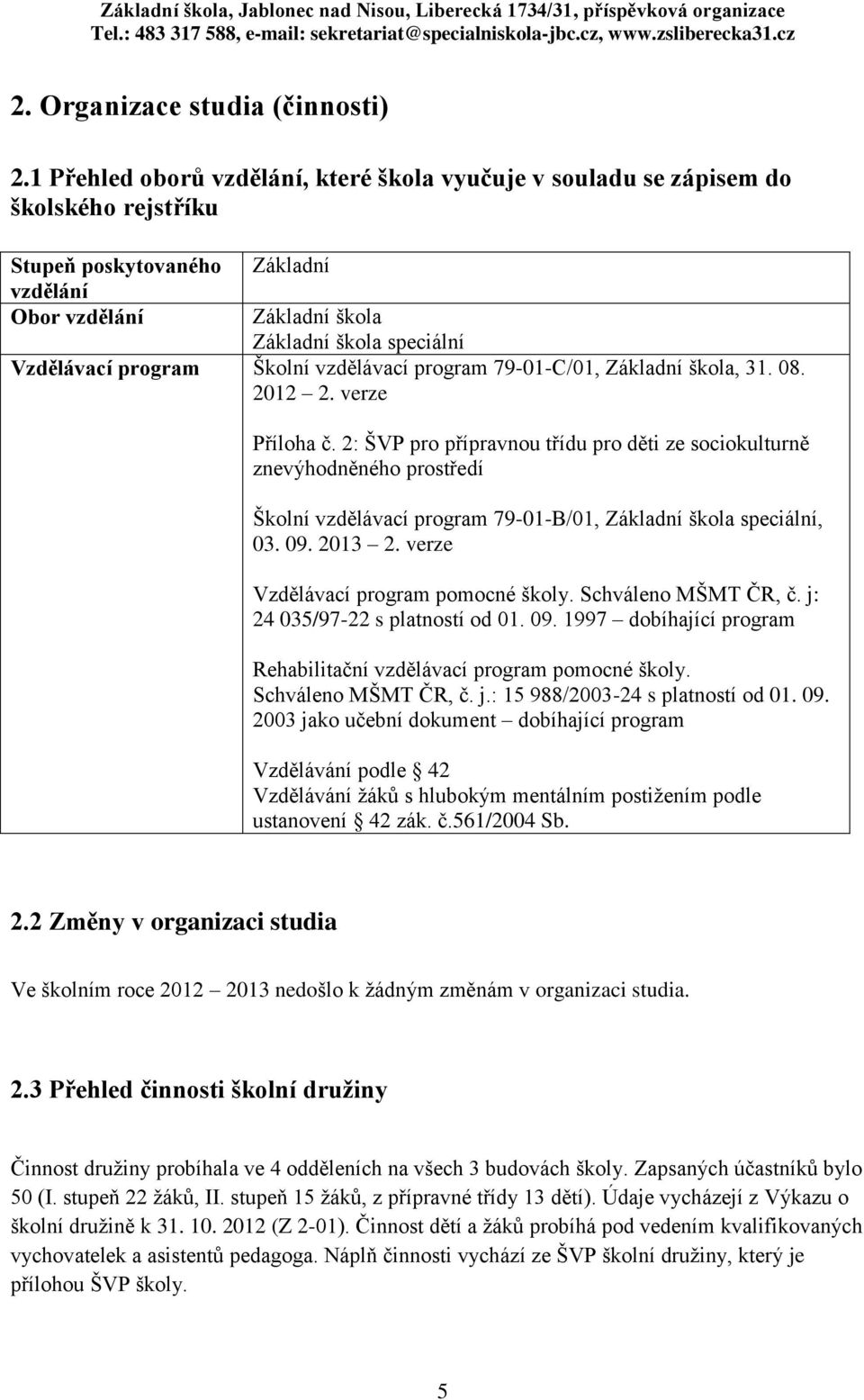 program Školní vzdělávací program 79-01-C/01, Základní škola, 31. 08. 2012 2. verze Příloha č.