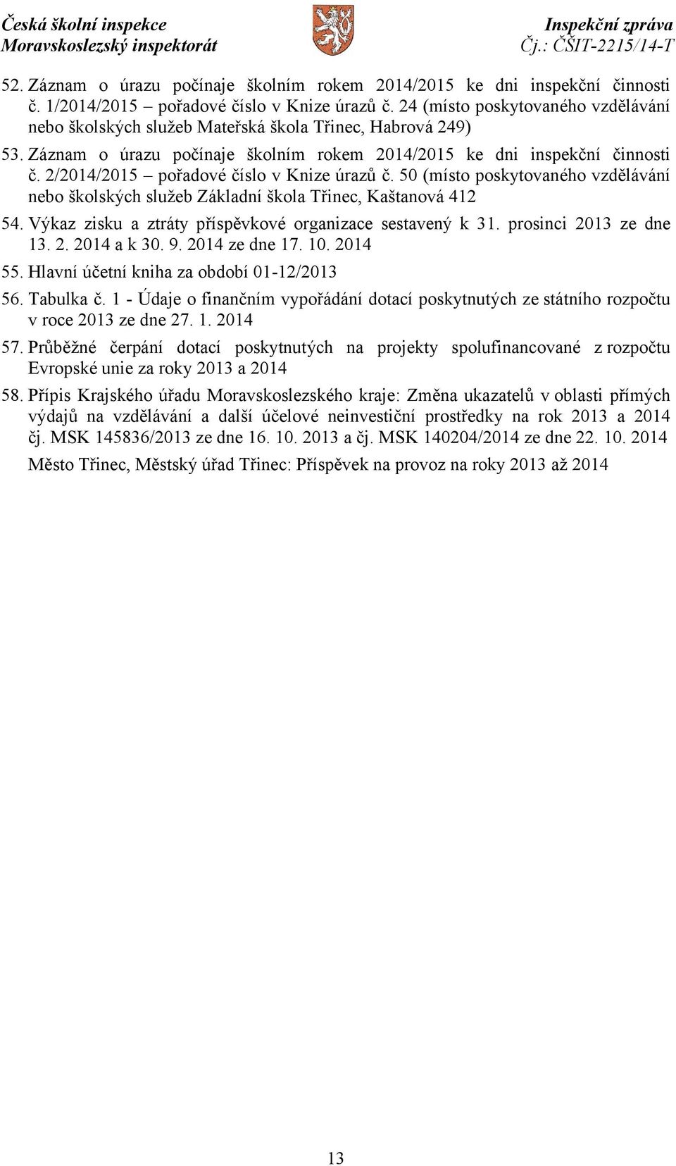 2/2014/2015 pořadové číslo v Knize úrazů č. 50 (místo poskytovaného vzdělávání nebo školských služeb Základní škola Třinec, Kaštanová 412 54.