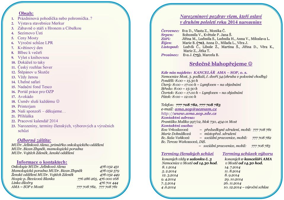 Úsměv sluší každému 19. Printerjam 20. Naši sponzoři děkujeme 21. Přihláška 22. Pracovní kalendář 2014 23. Narozeniny, termíny členských, výborových a výročních schůzí Odborná záštita: MUDr.