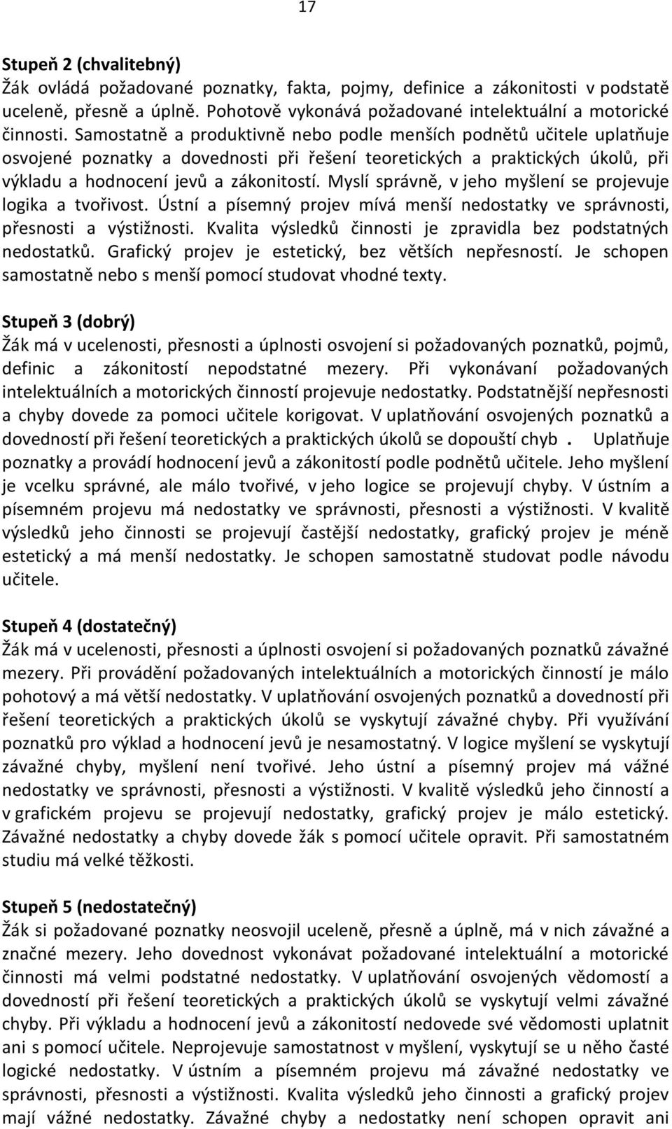 Myslí správně, v jeho myšlení se projevuje logika a tvořivost. Ústní a písemný projev mívá menší nedostatky ve správnosti, přesnosti a výstižnosti.