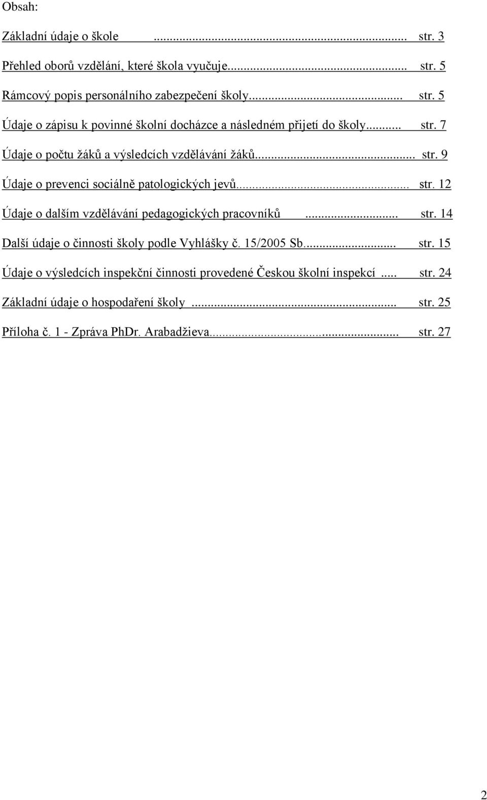 .. str. 14 Další údaje o činnosti školy podle Vyhlášky č. 15/2005 Sb... str. 15 Údaje o výsledcích inspekční činnosti provedené Českou školní inspekcí... str. 24 Základní údaje o hospodaření školy.