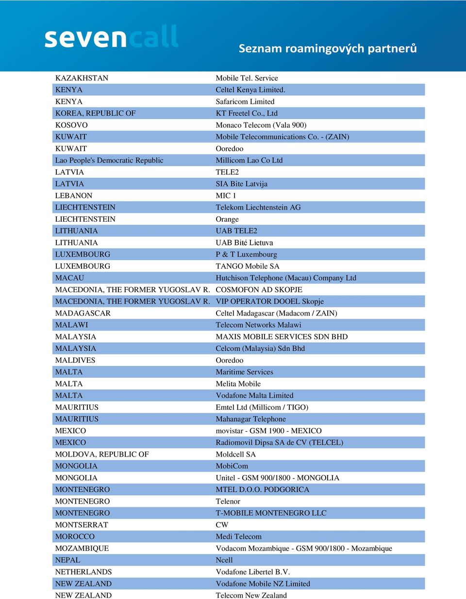 UAB TELE2 LITHUANIA UAB Bité Lietuva LUXEMBOURG P & T Luxembourg LUXEMBOURG TANGO Mobile SA MACAU Hutchison Telephone (Macau) Company Ltd MACEDONIA, THE FORMER YUGOSLAV R.