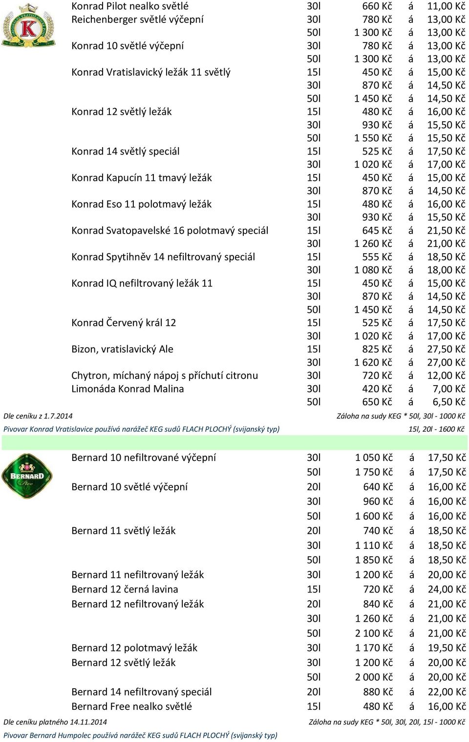 Konrad Vratislavický ležák 11 světlý 15l 450 Kč á 15,00 Kč Konrad 12 světlý ležák 15l 480 Kč á 16,00 Kč Konrad 14 světlý speciál 15l 525 Kč á 17,50 Kč Konrad Kapucín 11 tmavý ležák 15l 450 Kč á 15,00