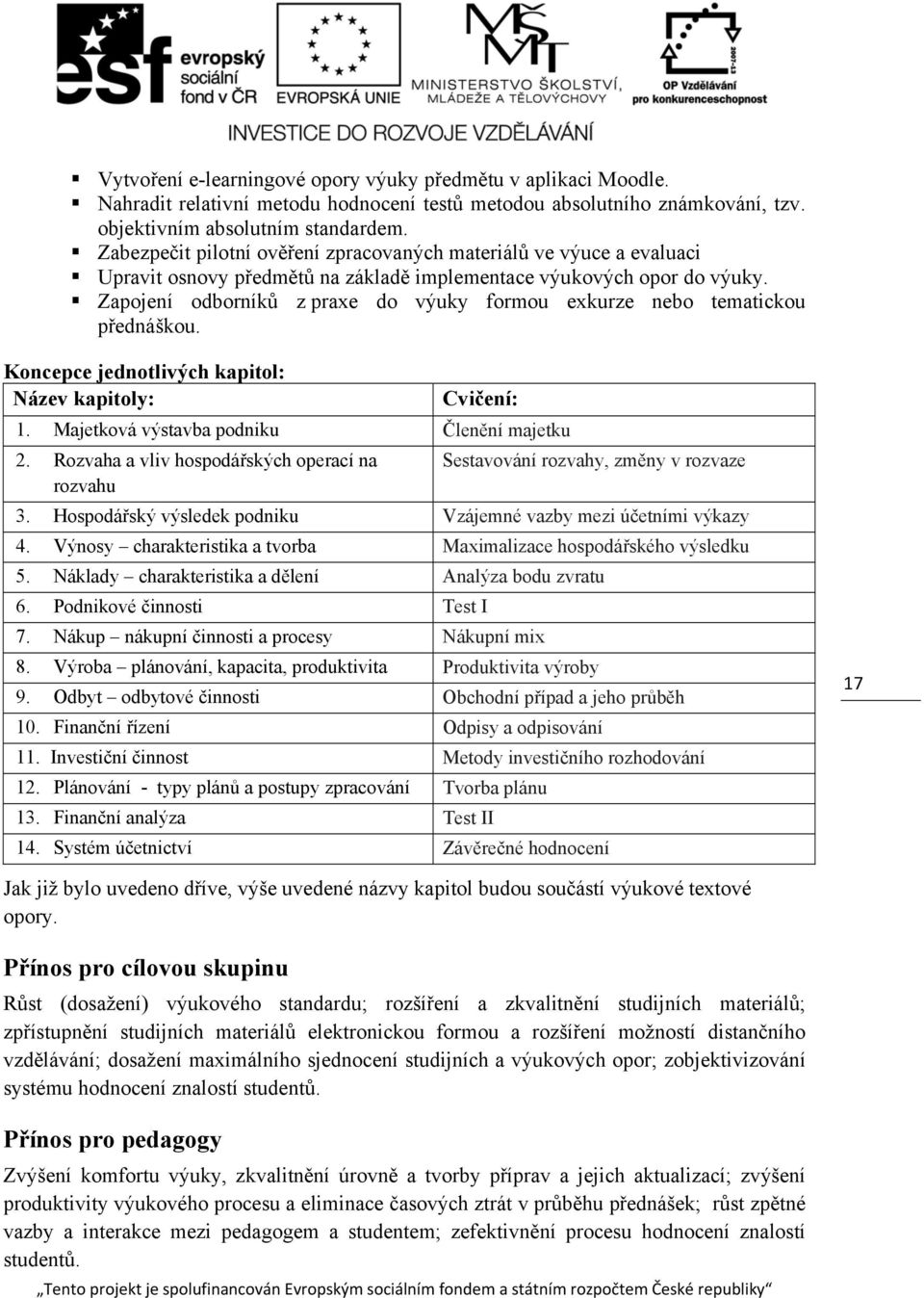 Zapojení odborníků z praxe do výuky formou exkurze nebo tematickou přednáškou. Koncepce jednotlivých kapitol: Název kapitoly: Cvičení: 1. Majetková výstavba podniku Členění majetku 2.