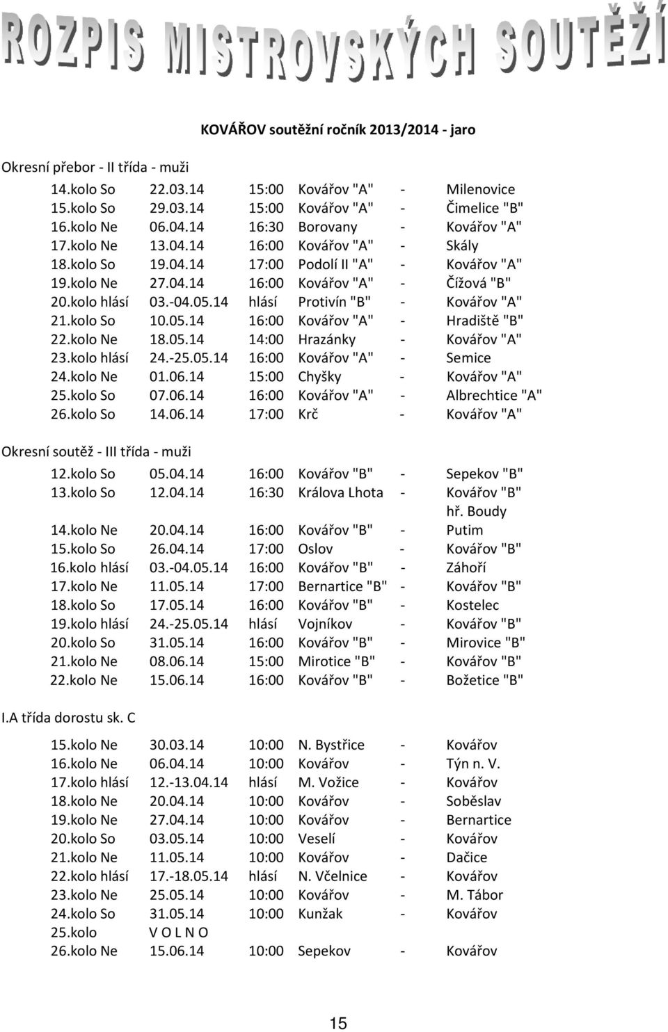 -04.05.14 hlásí Protivín "B" - Kovářov "A" 21.kolo So 10.05.14 16:00 Kovářov "A" - Hradiště "B" 22.kolo Ne 18.05.14 14:00 Hrazánky - Kovářov "A" 23.kolo hlásí 24.-25.05.14 16:00 Kovářov "A" - Semice 24.