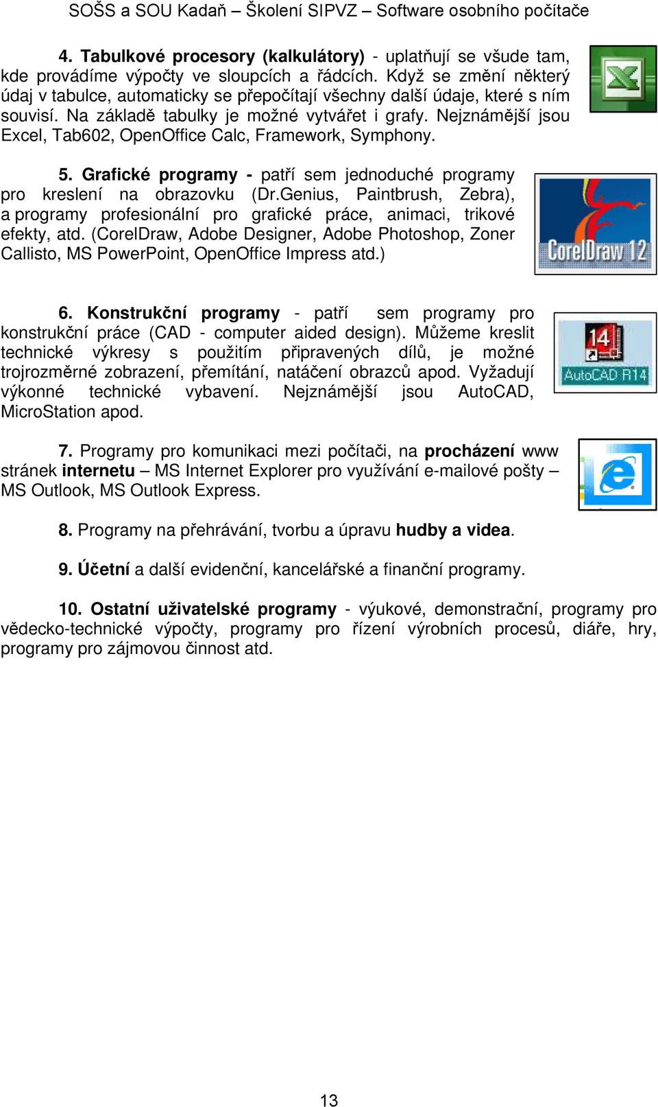 Nejznámější jsou Excel, Tab602, OpenOffice Calc, Framework, Symphony. 5. Grafické programy - patří sem jednoduché programy pro kreslení na obrazovku (Dr.