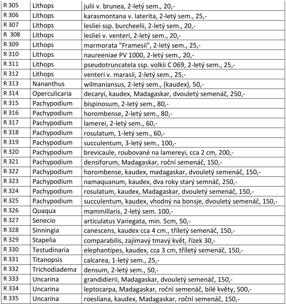 , 25,- R 312 Lithops venteri v. marasii, 2-letý sem., 25,- R 313 Nananthus wilmaniansus, 2-letý sem.