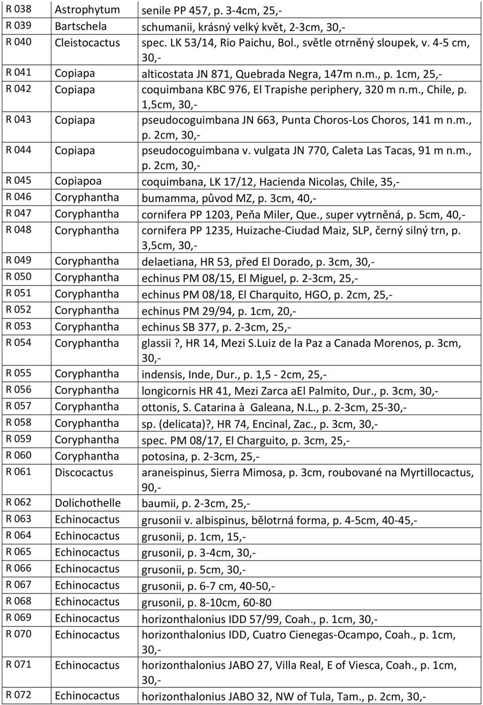 1,5cm, R 043 Copiapa pseudocoguimbana JN 663, Punta Choros-Los Choros, 141 m n.m., p. 2cm, R 044 Copiapa pseudocoguimbana v. vulgata JN 770, Caleta Las Tacas, 91 m n.m., p. 2cm, R 045 Copiapoa coquimbana, LK 17/12, Hacienda Nicolas, Chile, 35,- R 046 Coryphantha bumamma, původ MZ, p.