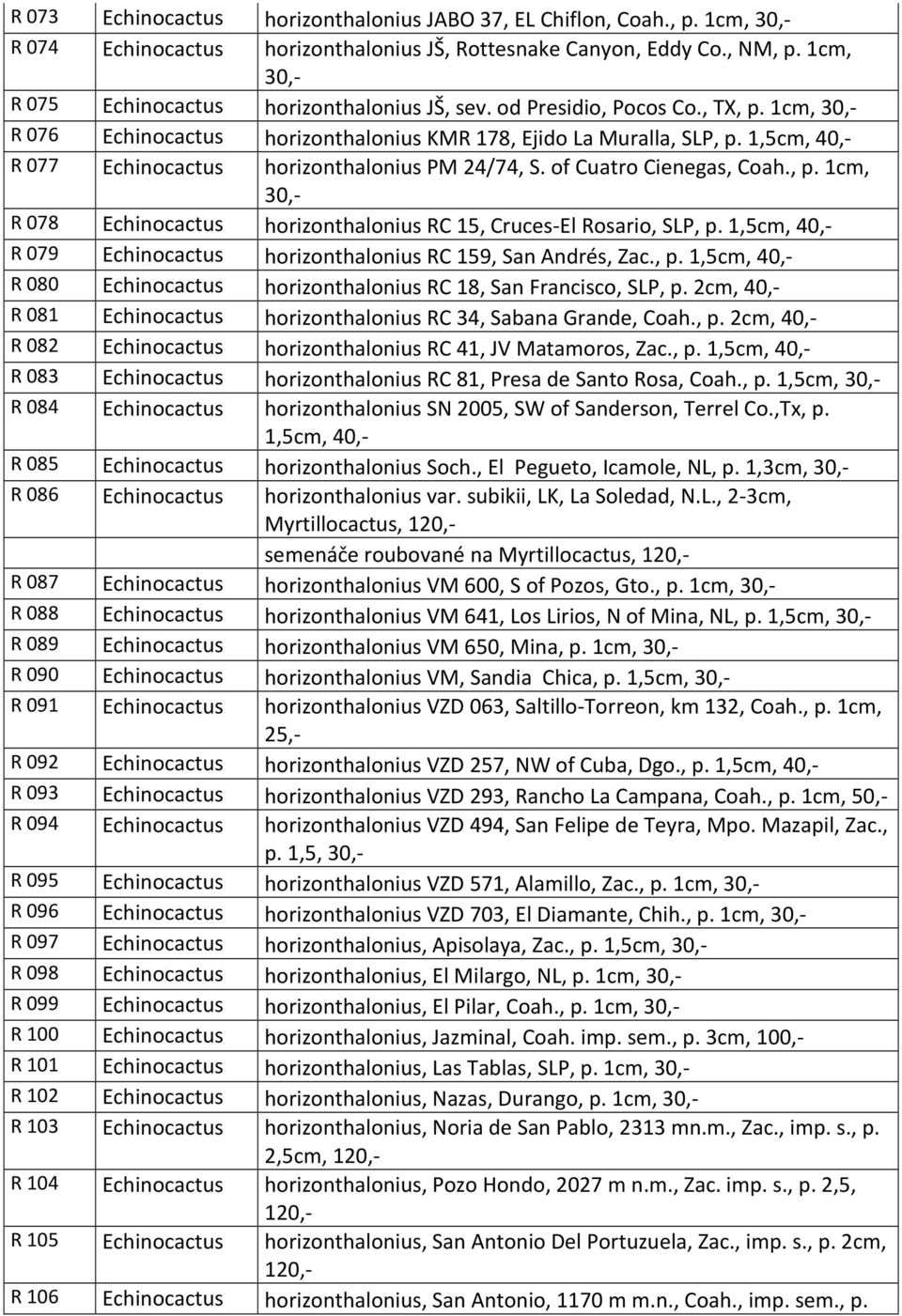 1,5cm, 40,- R 079 Echinocactus horizonthalonius RC 159, San Andrés, Zac., p. 1,5cm, 40,- R 080 Echinocactus horizonthalonius RC 18, San Francisco, SLP, p.
