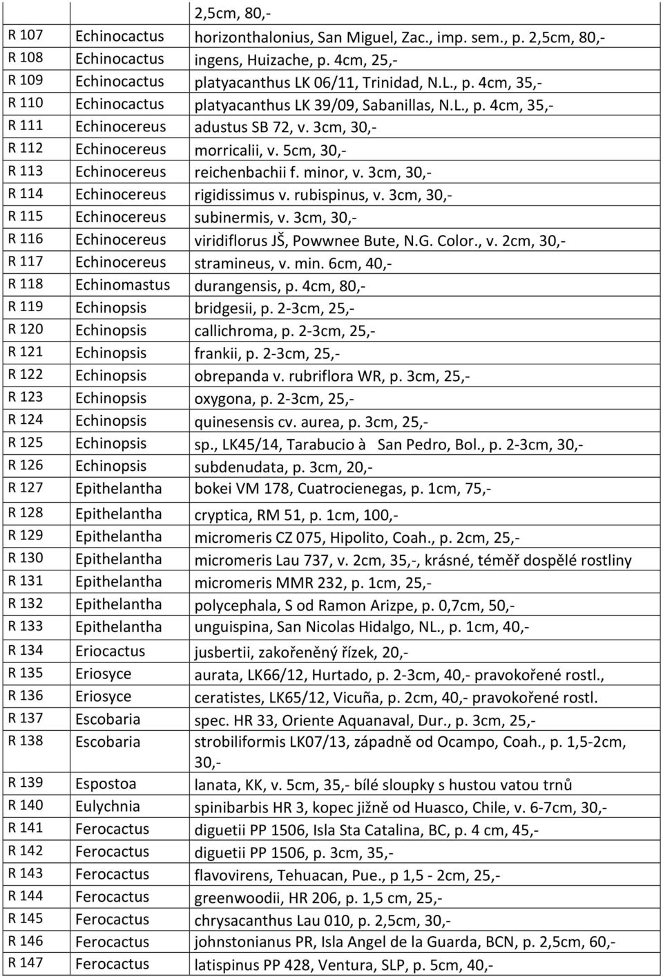 3cm, R 115 Echinocereus subinermis, v. 3cm, R 116 Echinocereus viridiflorus JŠ, Powwnee Bute, N.G. Color., v. 2cm, R 117 Echinocereus stramineus, v. min. 6cm, 40,- R 118 Echinomastus durangensis, p.