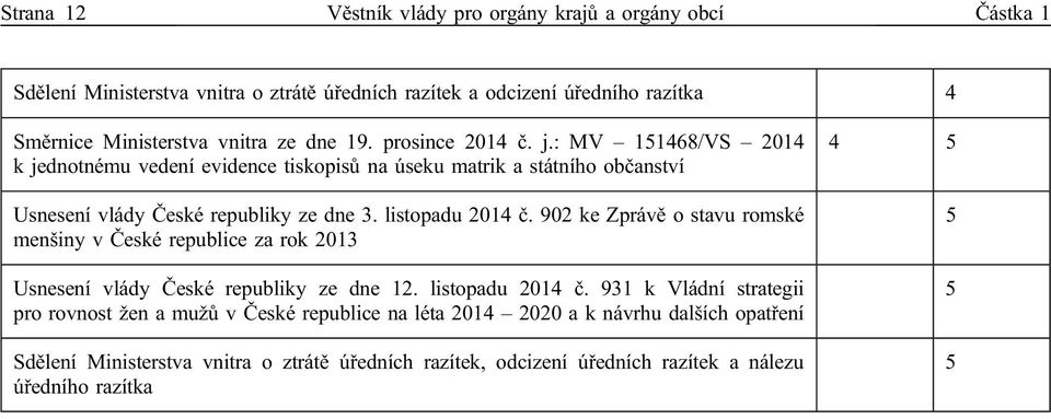 listopadu 2014 č. 902 ke Zprávě o stavu romské menšiny v České republice za rok 2013 Usnesení vlády České republiky ze dne 12. listopadu 2014 č.