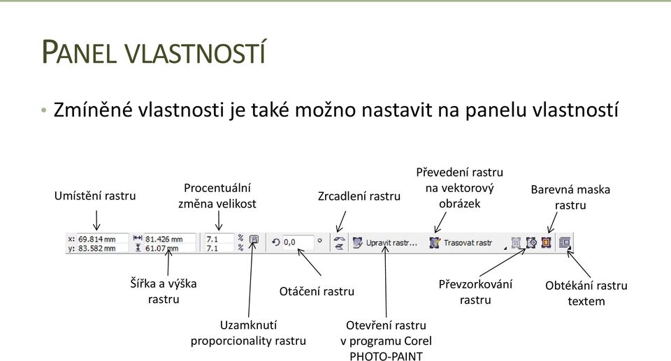 Barevná maska rastru Šířka a výška rastru Uzamknutí proporcionality rastru Otáčení rastru