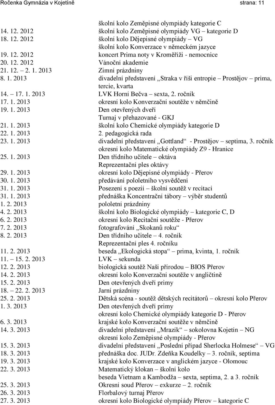 17. 1. 2013 LVK Horní Bečva sexta, 2. ročník 17. 1. 2013 okresní kolo Konverzační soutěže v němčině 19. 1. 2013 Den otevřených dveří Turnaj v přehazované - GKJ 21. 1. 2013 školní kolo Chemické olympiády kategorie D 22.