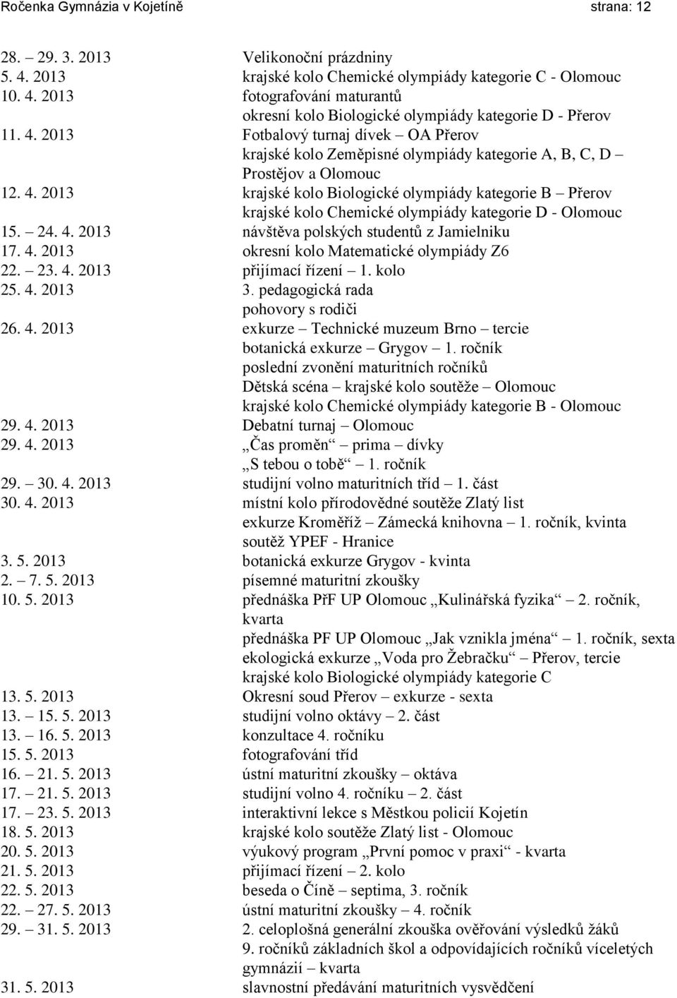 2013 krajské kolo Biologické olympiády kategorie B Přerov krajské kolo Chemické olympiády kategorie D - Olomouc 15. 24. 4. 2013 návštěva polských studentů z Jamielniku 17. 4. 2013 okresní kolo Matematické olympiády Z6 22.