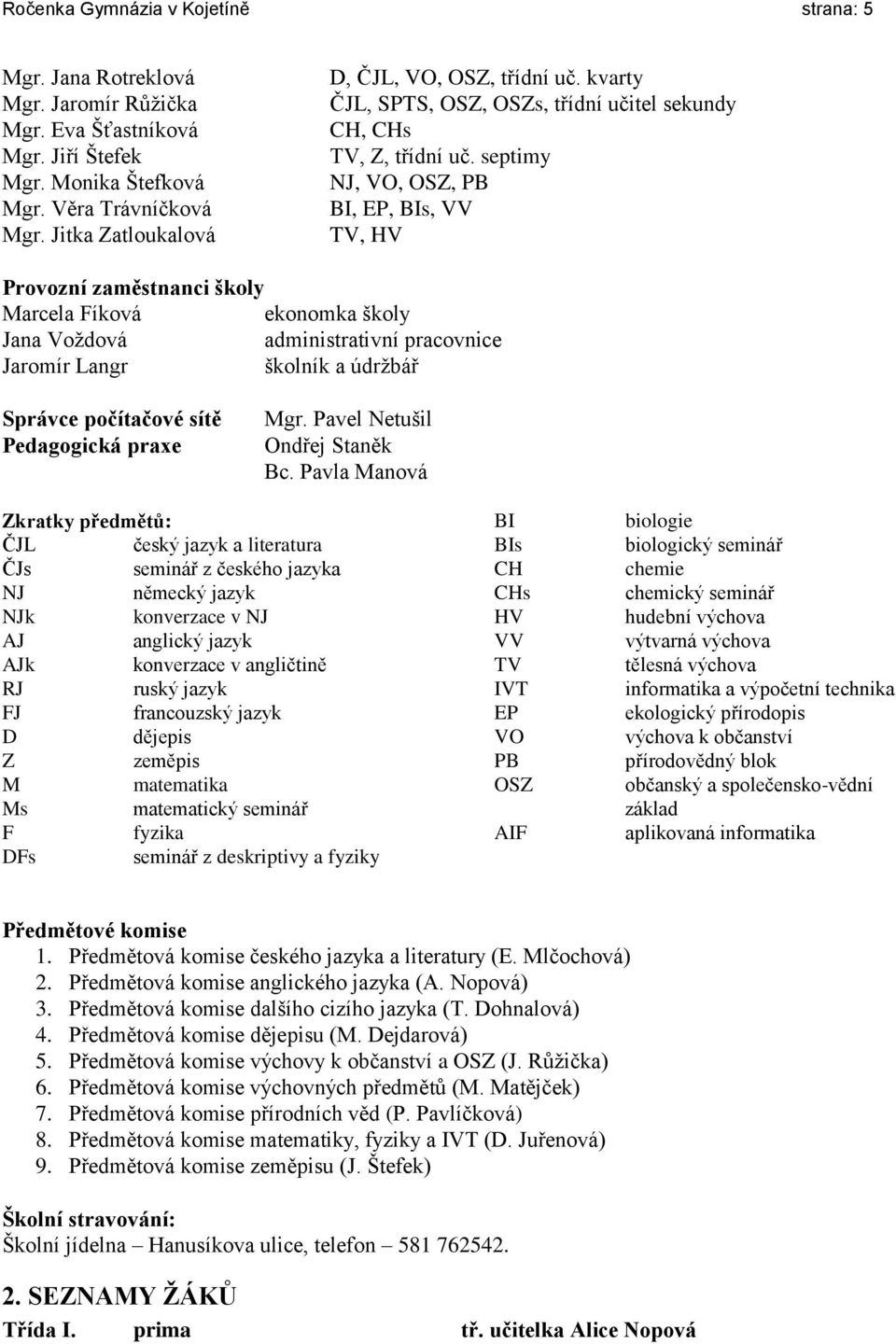 septimy NJ, VO, OSZ, PB BI, EP, BIs, VV TV, HV Provozní zaměstnanci školy Marcela Fíková ekonomka školy Jana Voždová administrativní pracovnice Jaromír Langr školník a údržbář Správce počítačové sítě