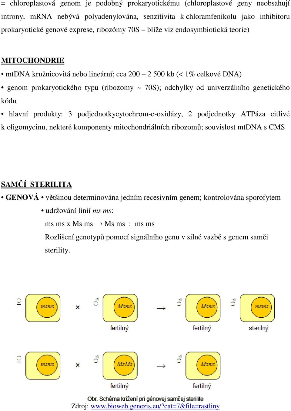 univerzálního genetického kódu hlavní produkty: 3 podjednotkycytochrom-c-oxidázy, 2 podjednotky ATPáza citlivé k oligomycinu, nekteré komponenty mitochondriálních ribozomů; souvislost mtdna s CMS