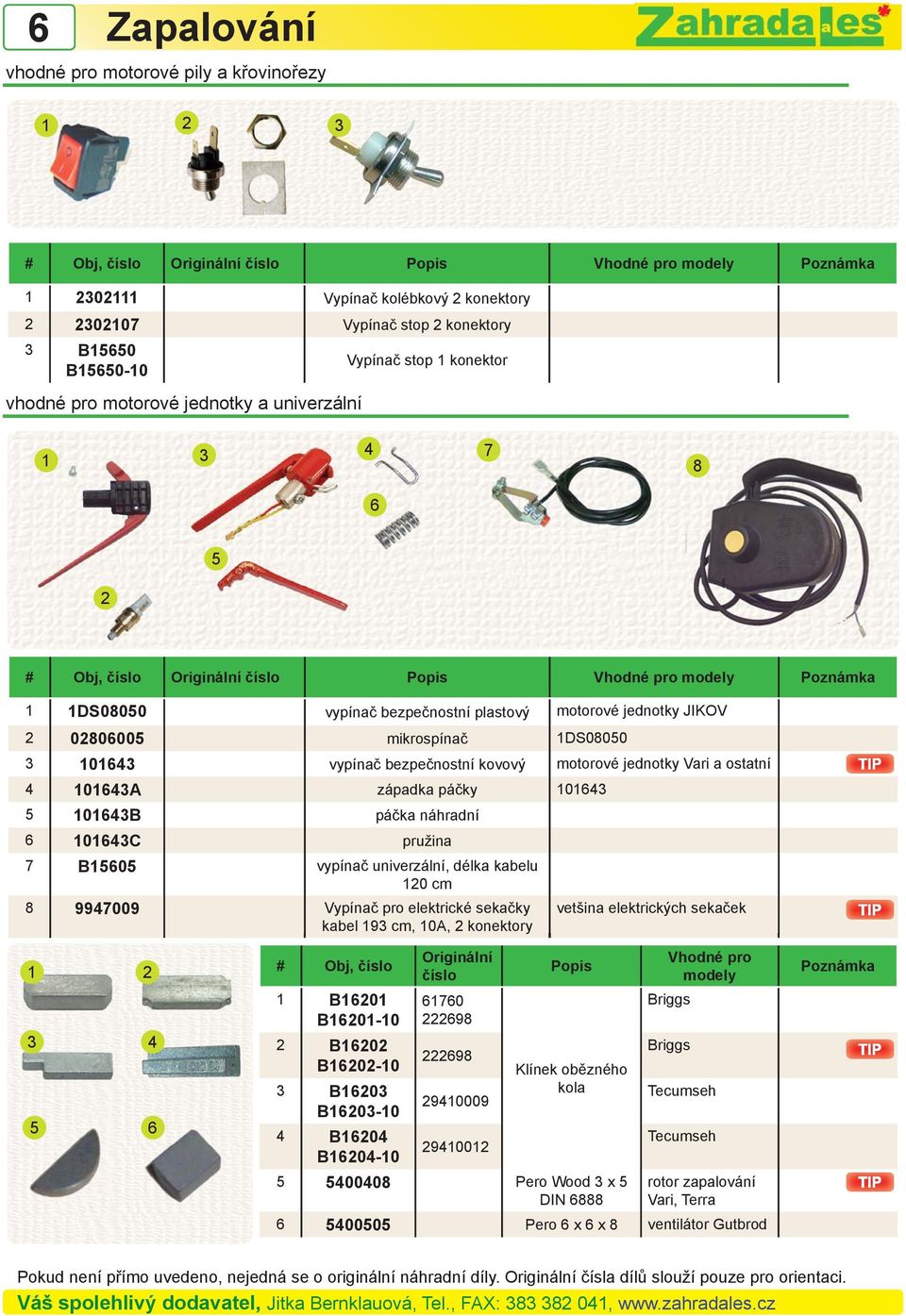 10143 vypínač bezpečnostní kovový motorové jednotky Vari a ostatní 4 10143A západka páčky 10143 5 10143B páčka náhradní 10143C pružina 7 B1505 vypínač univerzální, délka kabelu 120 cm 8 9947009
