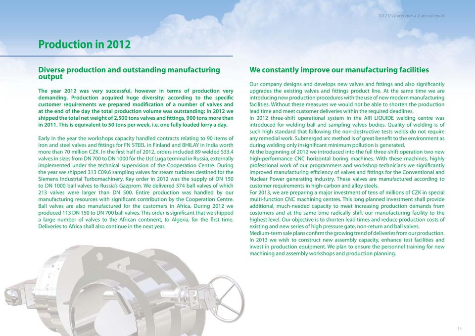 2012 we shipped the total net weight of 2,500 tons valves and fittings, 900 tons more than in 2011. This is equivalent to 50 tons per week, i.e. one fully loaded lorry a day.