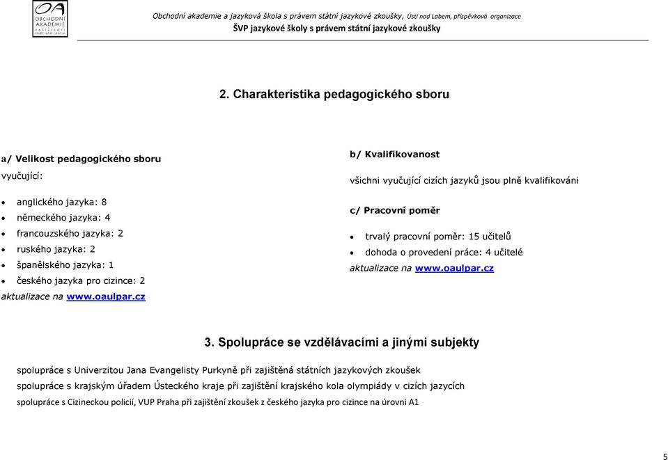 cz b/ Kvalifikovanost všichni vyučující cizích jazyků jsou plně kvalifikováni c/ Pracovní poměr trvalý pracovní poměr: 15 učitelů dohoda o provedení práce: 4 učitelé aktualizace na www.oaulpar.cz 3.