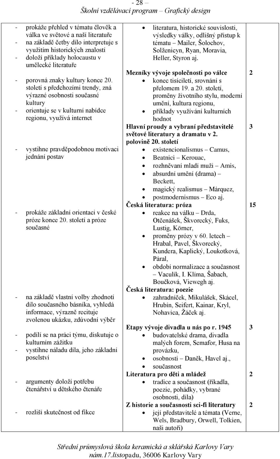 století s předchozími trendy, zná výrazné osobnosti současné kultury - orientuje se v kulturní nabídce regionu, využívá internet - vystihne pravděpodobnou motivaci jednání postav - prokáže základní