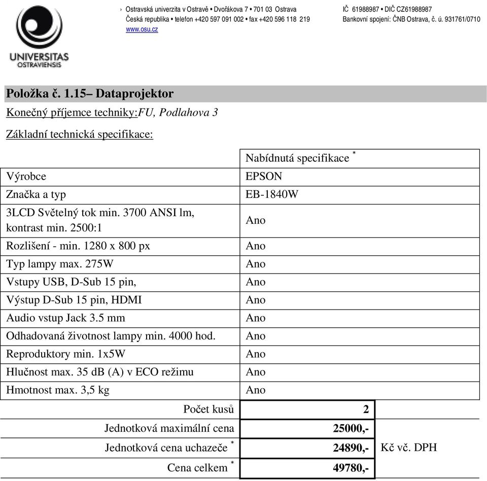 5 mm Odhadovaná životnost lampy min. 4000 hod. Reproduktory min. 1x5W Hlučnost max.