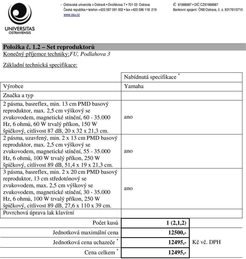 2,5 cm výškový se zvukovodem, magnetické stínění, 55-35.000 Hz, 6 ohmů, 100 W trvalý příkon, 250 W špičkový, citlivost 89 db, 51,4 x 19 x 21,3 cm. 3 pásma, basreflex, min.