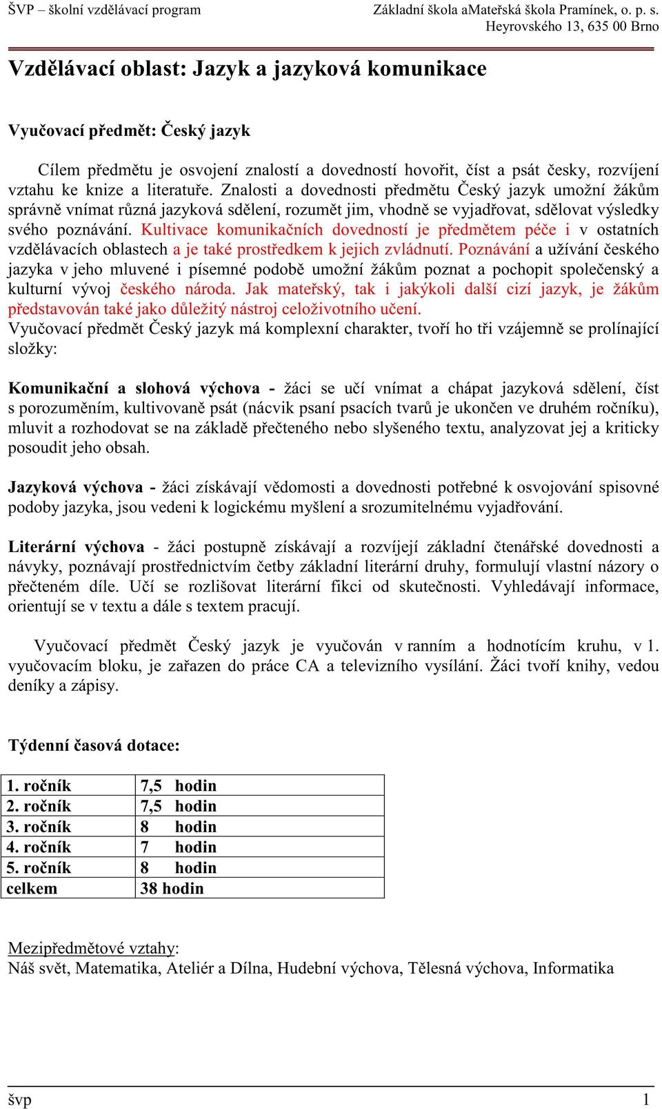 Heyrovského 13, 635 00 Brno Vzd lávací oblast: Jazyk a jazyková komunikace Vyu ovací p edm t: eský jazyk Cílem p edm tu je osvojení znalostí a dovedností hovo it, íst a psát esky, rozvíjení vztahu ke