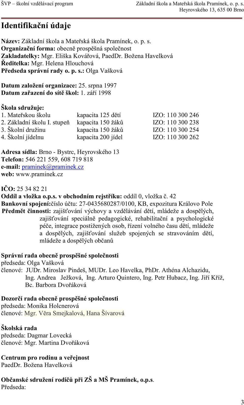 zá í 1998 Škola sdružuje: 1. Mate skou školu kapacita 125 d tí IZO: 110 300 246 2. Základní školu I. stupe kapacita 150 žák IZO: 110 300 238 3. Školní družinu kapacita 150 žák IZO: 110 300 254 4.